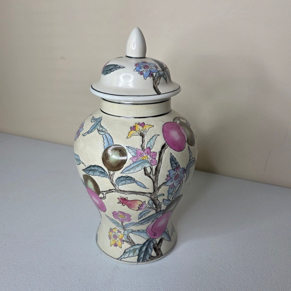 VTG WBI Ginger Jar Home Decor 12.5in Cream Floral Peach Hand Painted Chinoiserie